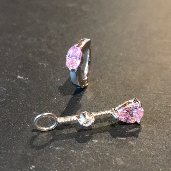 SAVE 10% with this 2 piece Combo Set - 1 x Silver Navel Ring Set with Large Powder Pink CZs & 1 x Pink and Clear CZ Swinger Drop Charm