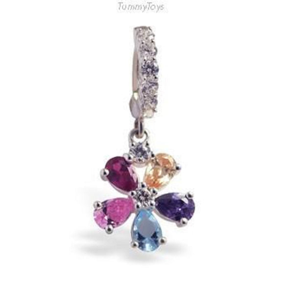 Sterling Silver Sleeper Pave Set with Brilliant White CZs and CZ Flower Charm with Rainbow CZ Petals