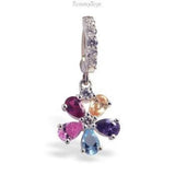 Sterling Silver Sleeper Pave Set with Brilliant White CZs and CZ Flower Charm with Rainbow CZ Petals