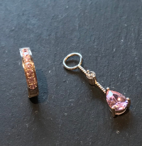 SAVE 10% with this 2 piece Combo Set - 1 x Silver Navel Ring Pave Set with 7 Powder Pink CZs & 1 x  Pink and Clear CZ Swinger Drop Charm