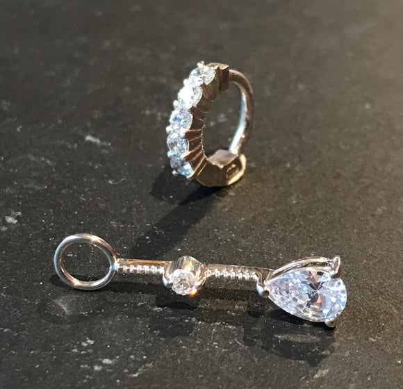 SAVE 10% with this 2 piece Combo Set - 1 x Silver Navel Ring Pave Set with 5 Brilliant White CZs and 1 x Clear CZ Swinger Drop Charm