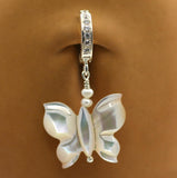 Sterling Silver Navel Ring Pave Set with Clear CZs and a Charming Mother of Pearl Butterfly Drop Charm