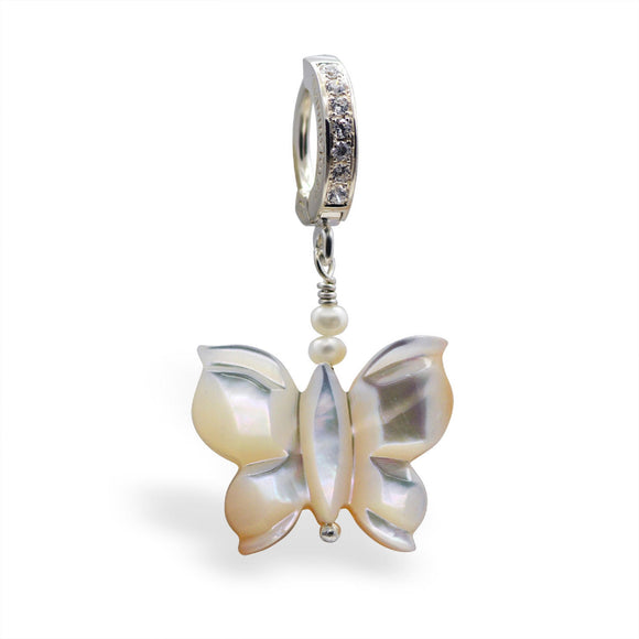 Sterling Silver Navel Ring Pave Set with Clear CZs and a Charming Mother of Pearl Butterfly Drop Charm