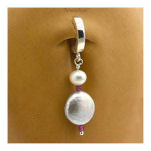 Sterling Silver Sleeper Navel Ring with a Double Freshwater Pearl Pendant Drop Charm in Silver & White